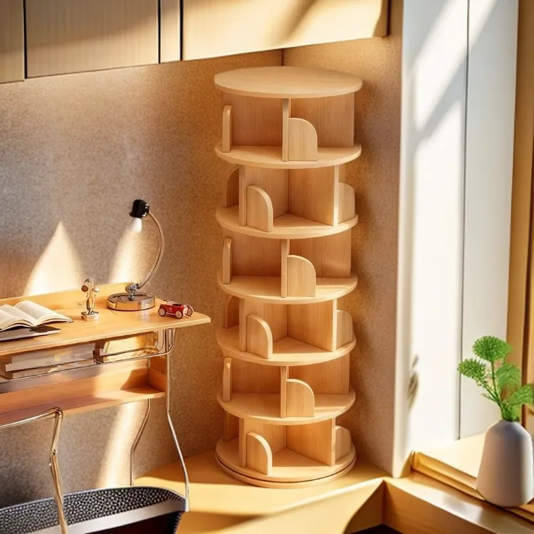 实木旋转书架360度一体靠墙置物架落地圆形绘本架展示架转角书柜