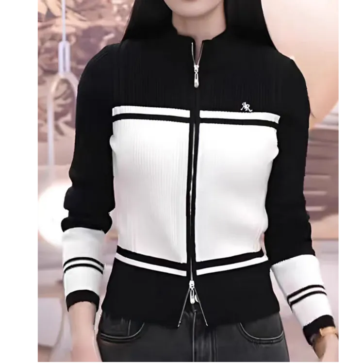 2025秋季通勤小众宽松修身拉链设计拼接色韩版潮流上衣新品针织衫
