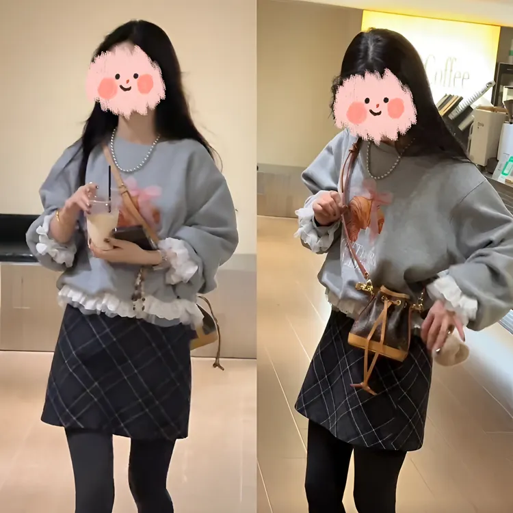 2025秋季巨好看蕾丝拼接甜美印花长袖卫衣女高腰毛呢格子半裙套装