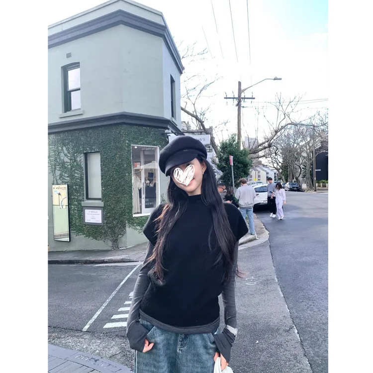 休闲慵懒风叠穿chic短袖马甲+收腰显瘦打底长袖T恤两件套装D799