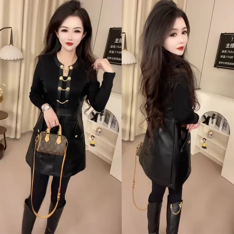 新款气质显瘦连衣裙黑色收腰拼PU时尚裙子