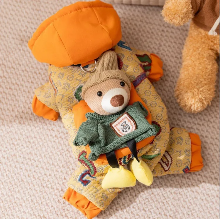 秋冬季宠物四脚棉衣小狗狗衣服加厚绗棉口袋牵引泰迪比熊狗狗衣服