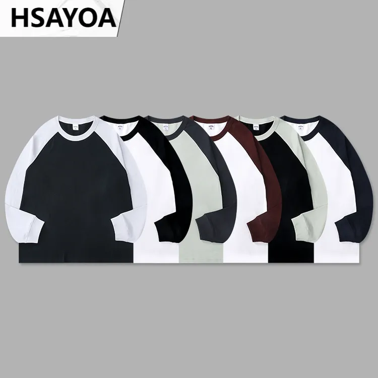 HSAYOA新款重磅纯棉拼接插肩袖男女长袖纯色宽松大码百搭打底情侣