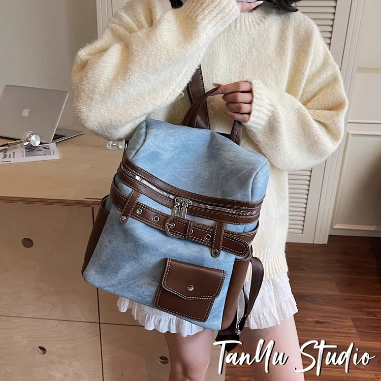 探屿美式小众撞色拼接百搭大容量通勤双肩包新款学生书包旅行背包