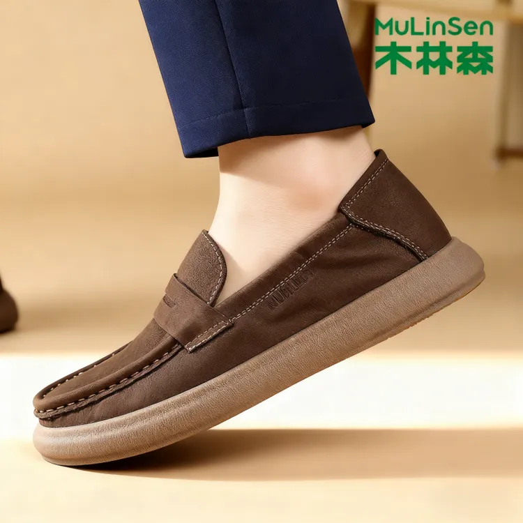 木林森软皮休闲鞋头层牛皮爸爸2025秋冬款商务男士冬季豆豆鞋