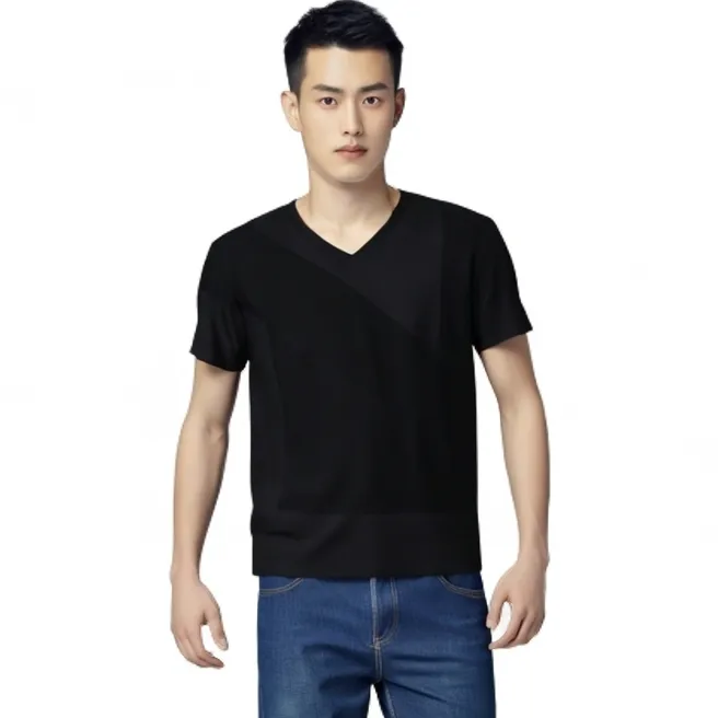 短袖男士t恤短袖夏季CA26机场货卡棉V领套头休闲商务上衣黑色弹力