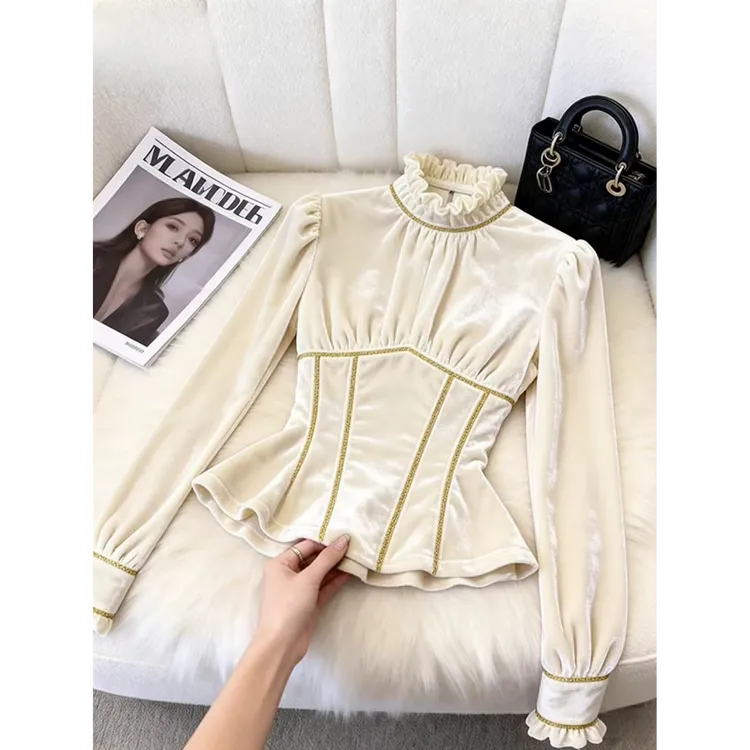 白色丝绒衬衫女秋冬高级感轻奢减龄洋气别致漂亮掐腰法式小资上衣