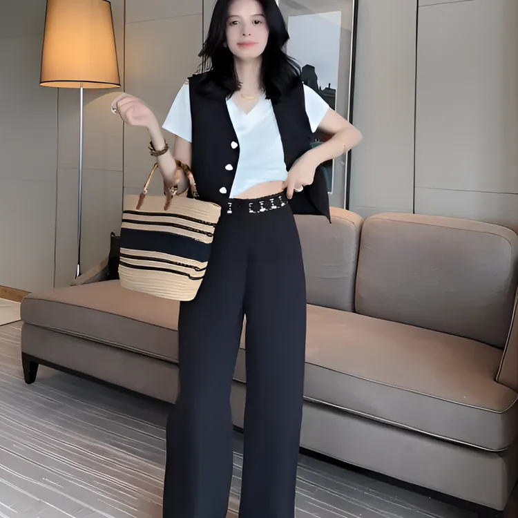夏季轻奢风轻职通勤时尚套装辣妹显瘦气质小个子阔腿裤撞色