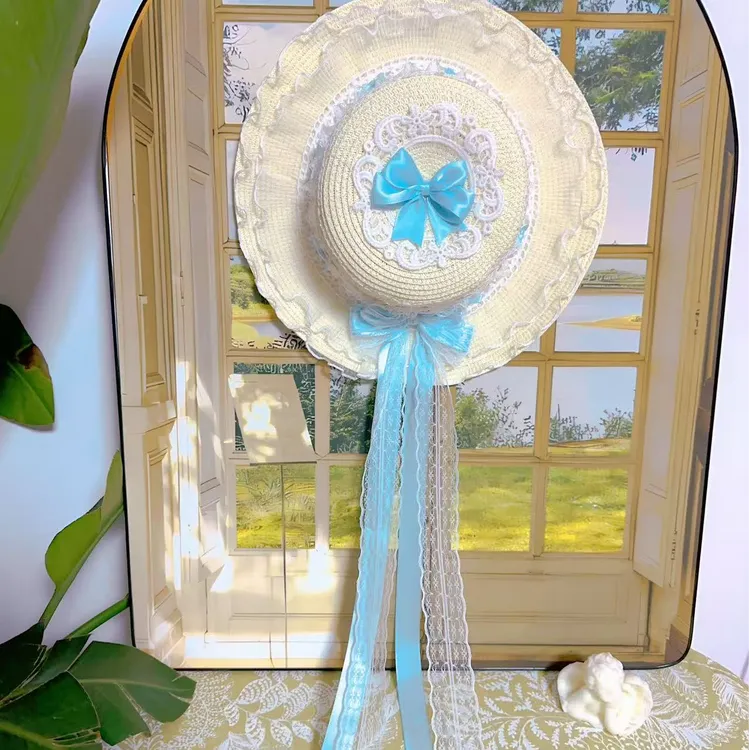 原创洛丽塔蓝色初恋风平顶女蕾丝帽子草帽夏季公主森系夏日小清新