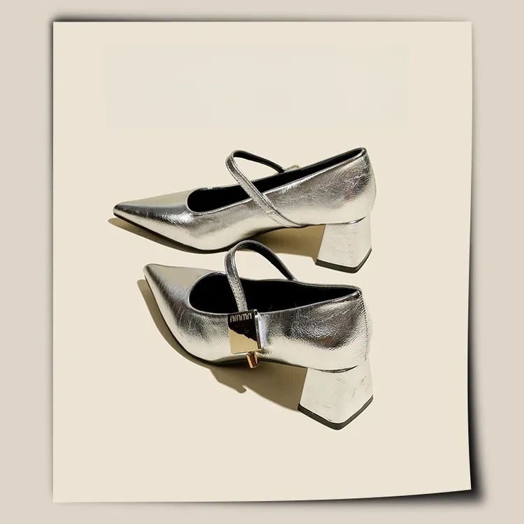 meichen/美晨尖头粗高跟玛丽珍单鞋女复古一字带气质小皮鞋