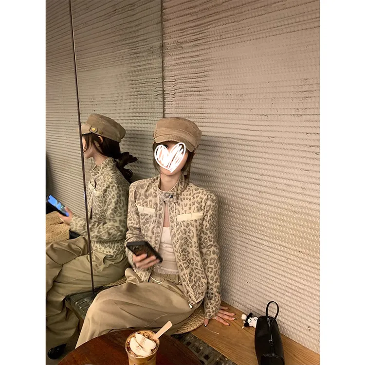 美式辣妹豹纹印花立领外套女秋季新款气质高级感拉链开衫夹克上衣