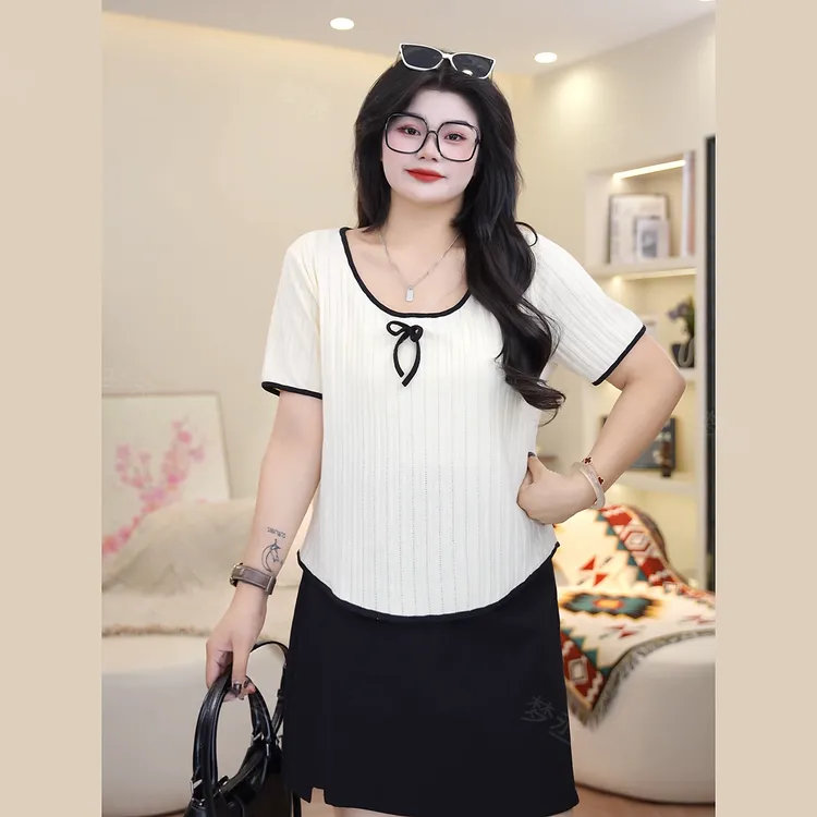 梦丞-大码女装夏季韩系蝴蝶结甜美微胖显瘦百搭洋气遮肉短袖T恤女