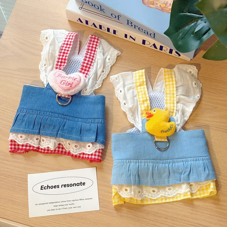 春秋款宠物牛仔胸背猫咪狗狗衣服公主裙卡通牵引裙约克夏马尔济斯