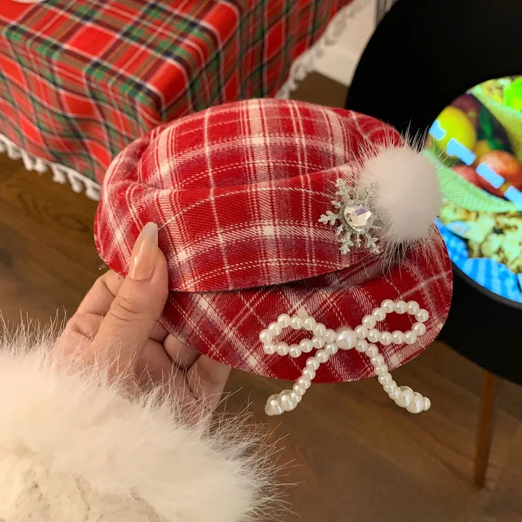 圣诞节红色格纹雪花闪锆小礼帽发夹女节日氛围感拍照道具头饰发饰
