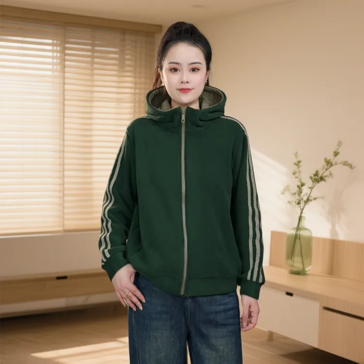 【沐沐】秋季时尚宽松拼接女连帽长袖外套运动开衫加绒加厚外套带帽