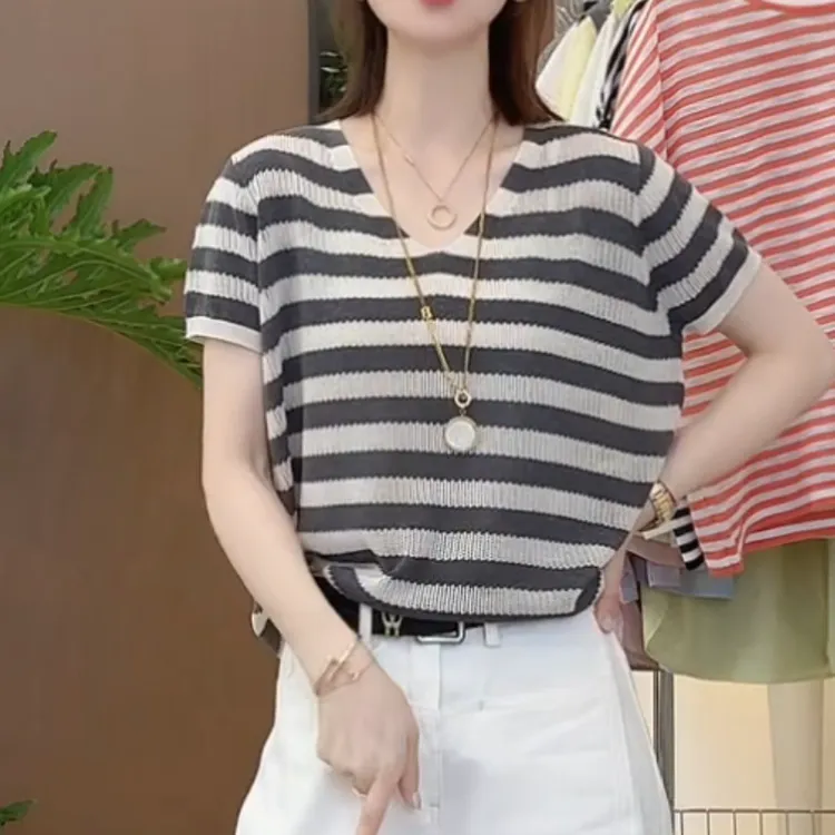 新款韩版百搭修身显瘦女时尚撞色条纹镂空针织短袖LK2503368