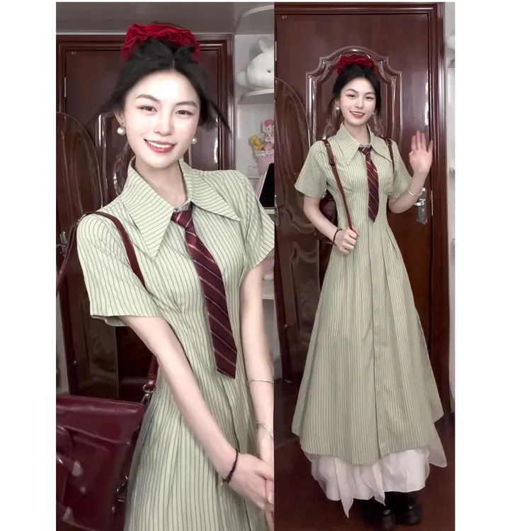 INS CEC条纹POLO领衬衫绿色连衣裙子女学院风长裙时尚半身裙套装