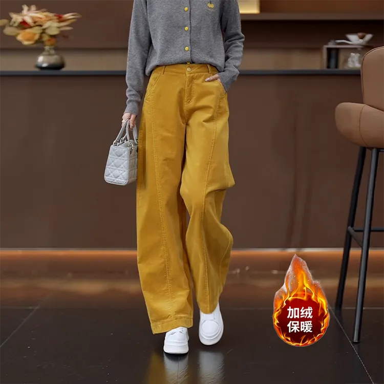 黄色加绒弯刀裤子女秋冬季2025新款今年流行爆款灯芯绒休闲阔腿裤