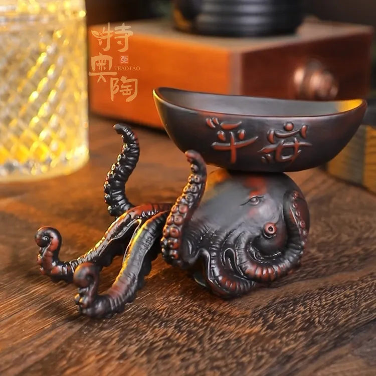 紫陶八爪鱼旋转茶漏茶叶过滤网紫陶茶宠摆件茶滤茶道滤茶器盖置