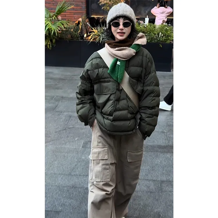 韩版百搭休闲连帽纯色羽绒服2025冬季新款时尚显瘦半拉链套头外套