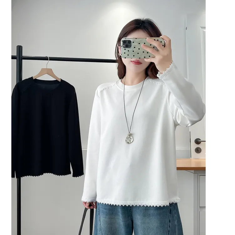 打底衫女大码长袖2025秋季新款胖mm200斤花边拼接遮肚t恤上衣外穿