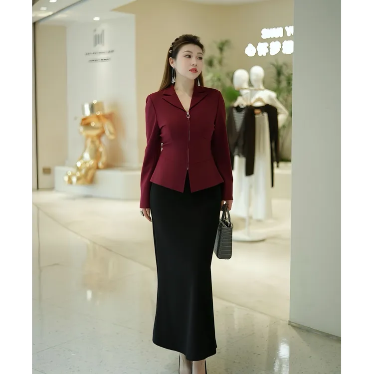 XYD71728显瘦高级翻领拉链职业上衣半身裙大码女装秋款显瘦套装