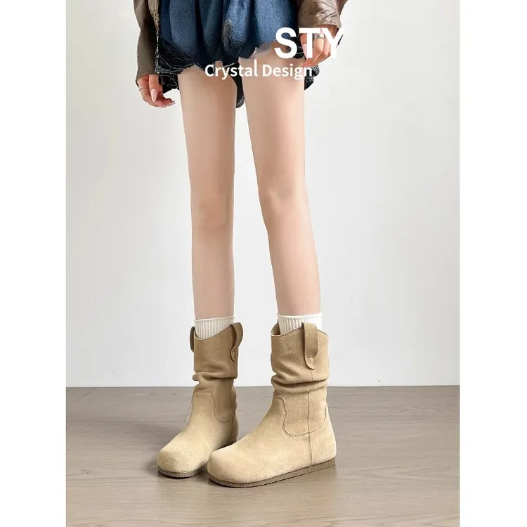 复古褶皱堆堆靴女2025新款秋冬显瘦西部牛仔软皮短靴时尚百搭圆头