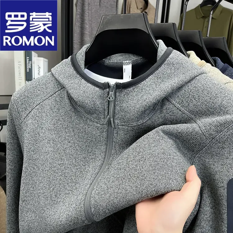 罗蒙秋冬纯色连帽夹克衫一体拉毛轻户外百搭休闲运动保暖外套