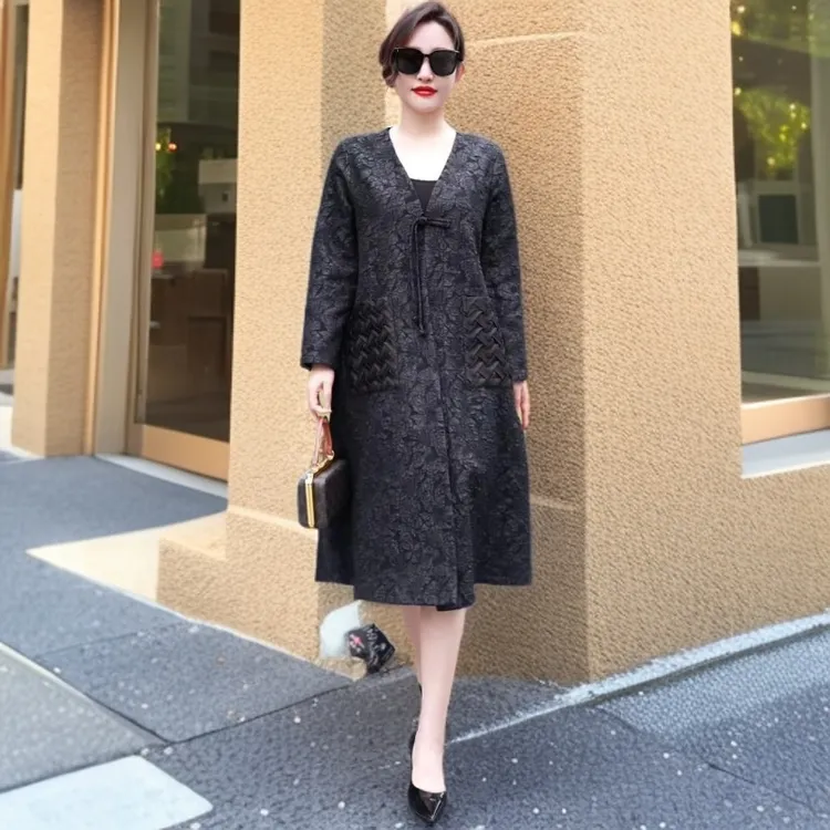 80115爆款时尚大码外套高档大气春秋款国风气质阔太太中长款风衣