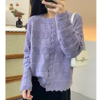 早秋温柔小香风钩花圆领花边针织开衫女宽松长袖针织衫气质外套新