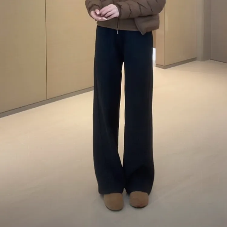 松紧腰秋冬新款莱赛尔天丝腈纶发热粗针羊毛百搭阔腿裤显瘦时尚