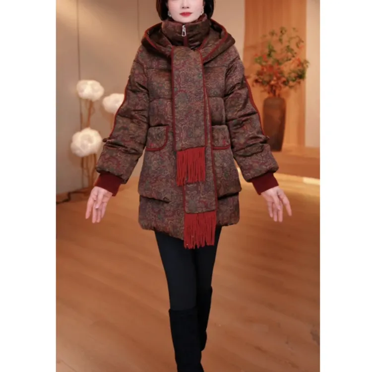 云竹大码25年长款冬季女装棉服拼接连帽时尚洋气宽松保暖 FY-1611