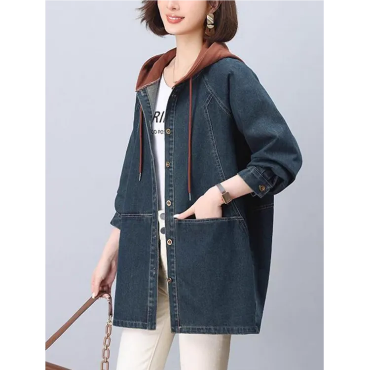 休闲撞色风衣女2025春秋新款中年妈妈连帽中长款大牛仔外套