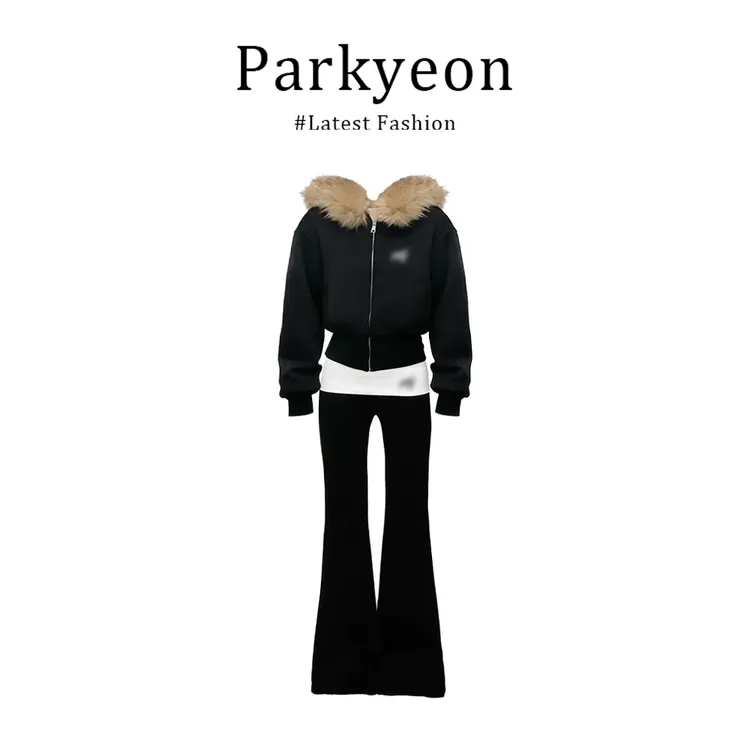 parkyeon美式连帽大毛领拉链卫衣外套设计微喇休闲裤秋冬套装