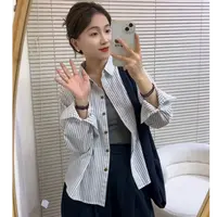 微胖MM早秋新款复古条纹翻领长袖衬衫女大码宽松百搭休闲衬衣上衣