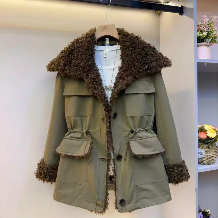 欧货大码新款时尚百搭纯色高级感大翻领复古保暖棉服外套