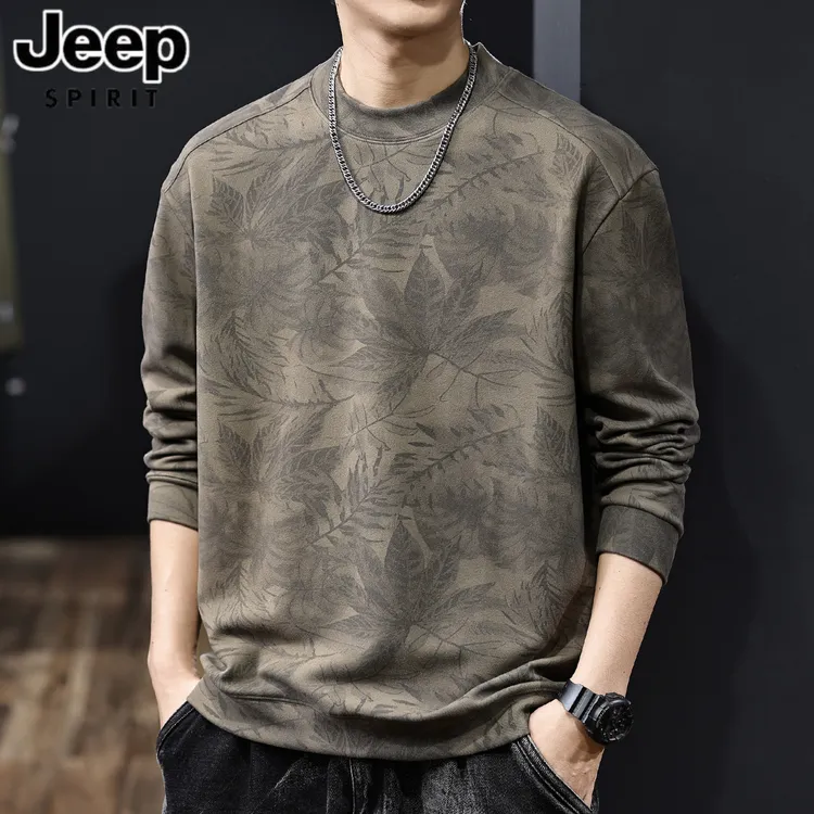 JEEP吉普秋季提花长袖T恤上衣男士时尚简约休闲百搭宽松潮流上衣