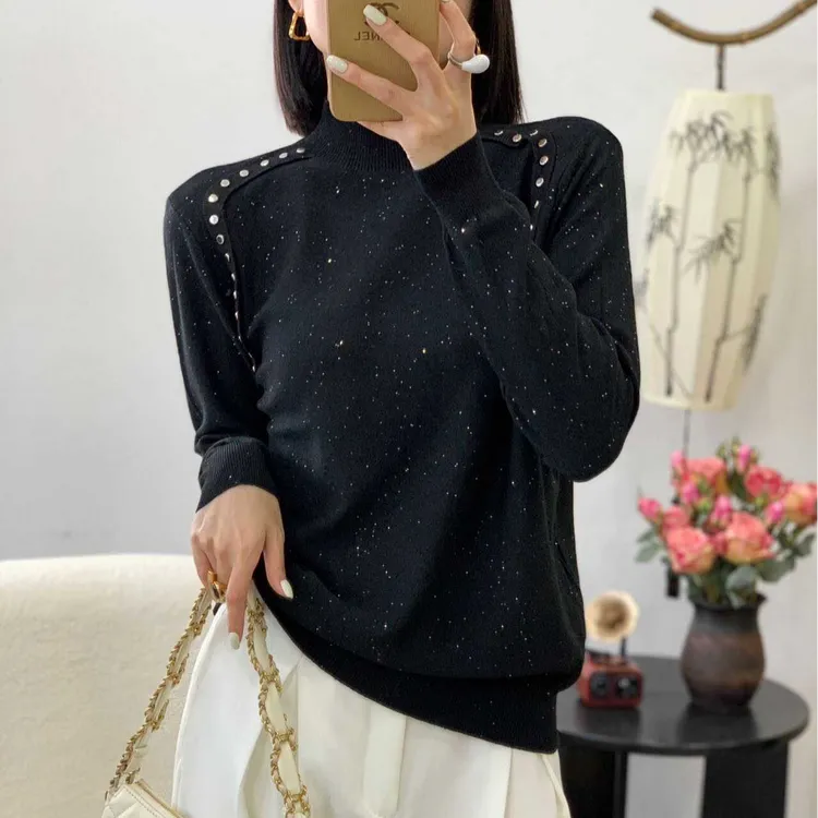 【二姐专享】边芙卡纯色铆钉半高领针织衫内搭宽松显瘦女款上衣5508