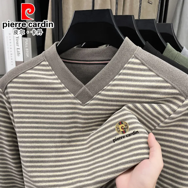 皮尔卡丹男士加绒德绒t恤打底衫长袖V领条纹休闲宽松潮流男装秋冬