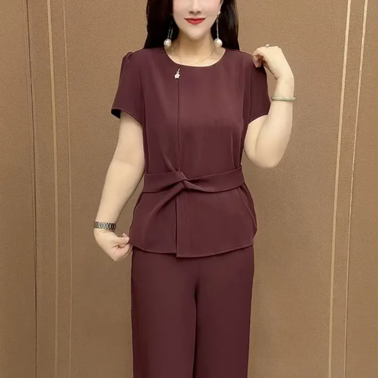2025夏季新款纯色时尚收腰气质圆领洋气两件套高档短袖阔腿裤套装