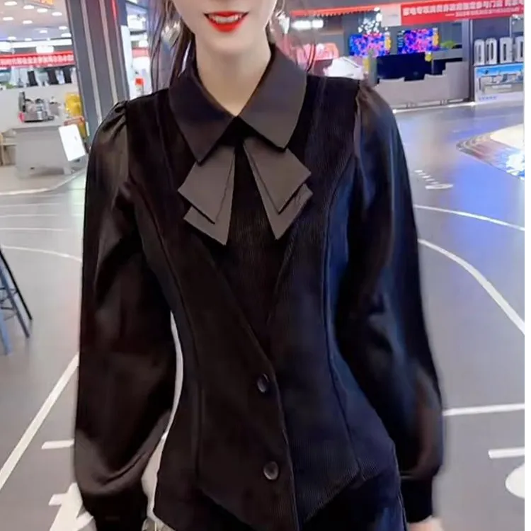 2025春季新款时尚长袖套装女气质显瘦设计感蝴蝶结上衣短裤两件套