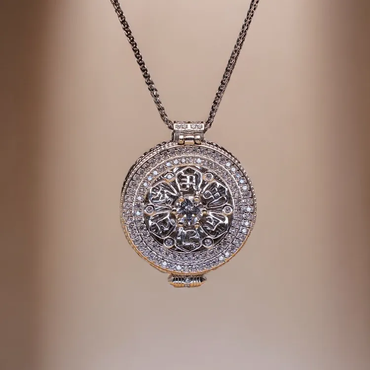 坠链均925银锆石 轻奢重工可开盖文殊嘎乌盒女士项链镶钻八宝罗盘