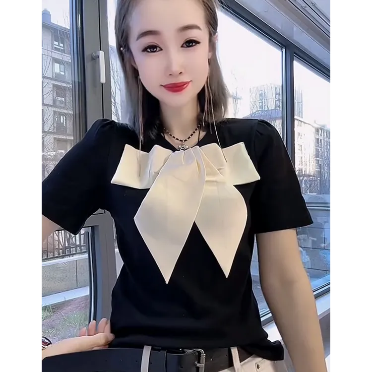 百搭轻熟风小众透气短袖蝴蝶结网红V领轻奢撞色T恤蝴蝶假两件