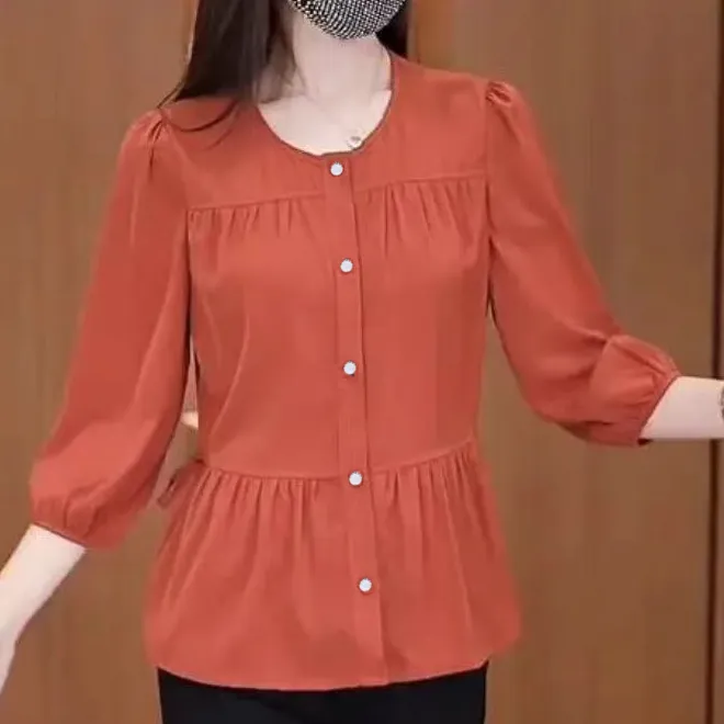 【加急订单】年轻妈妈夏装七分袖衬衣减龄遮肚子显瘦衬衫薄款时尚