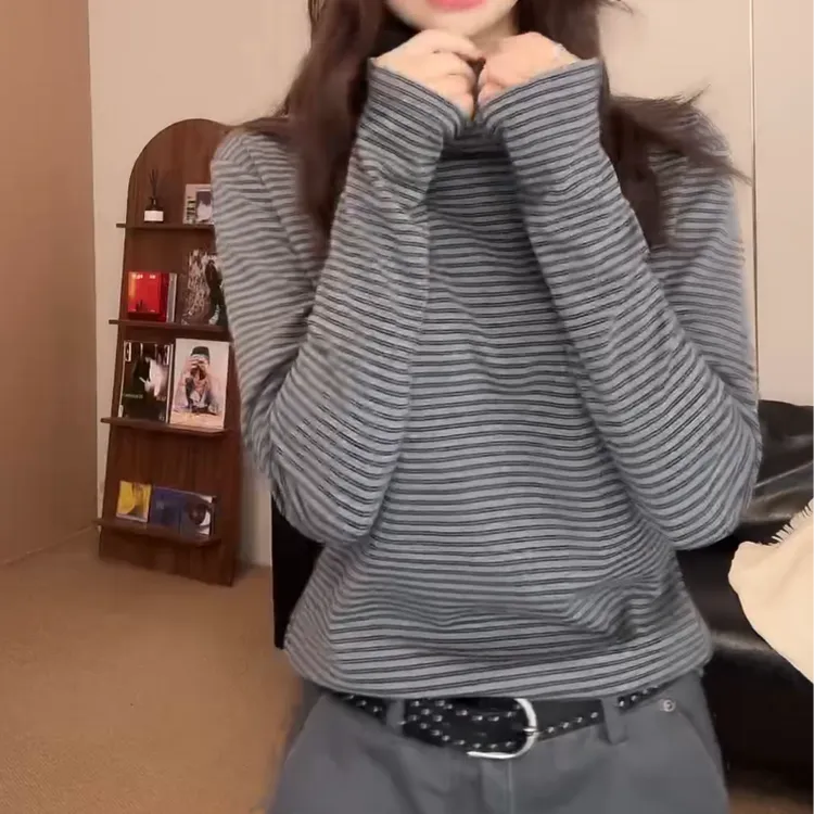 【条纹打底】2025秋冬新款复古休闲宽松百搭显瘦T恤女LK2508165
