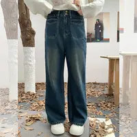 LT STUDIO辣条大码女装 复古高腰深蓝色直筒阔腿牛仔长款