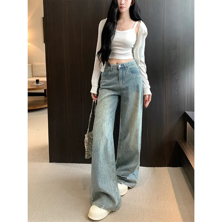 银河碎钻重工阔腿牛仔裤女2025秋季新款高腰宽松遮肉显瘦拖地长裤