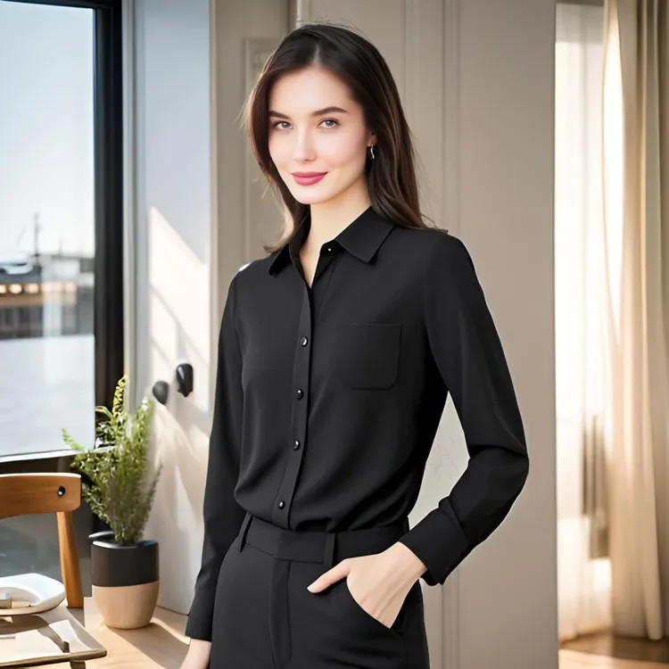锦依罗弹力网纱春秋洋气中老年女装时尚修身开扣黑色衬衫上衣