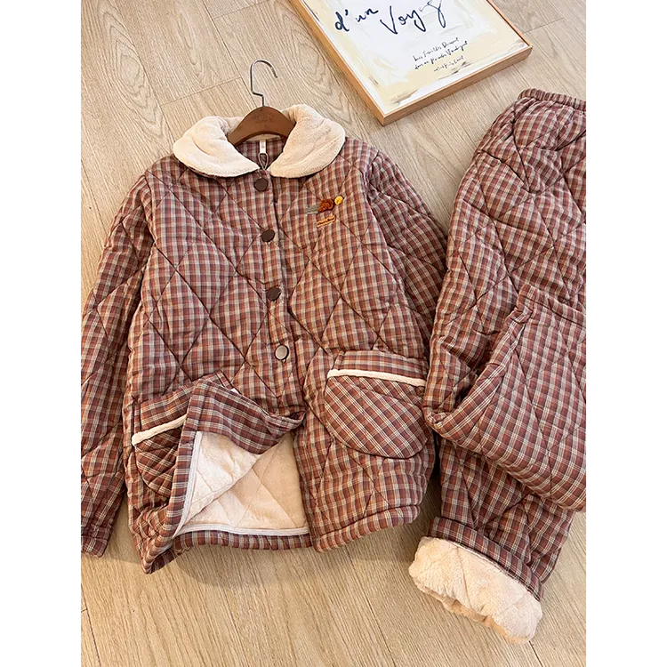 韩版甜美撞色格子加厚三层夹棉睡衣女冬天加绒保暖家居服套装外穿