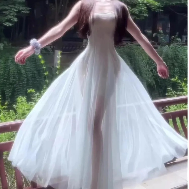 【人鱼公主～】仙女蓝网纱连衣裙女新款氛围感收腰显瘦裙子